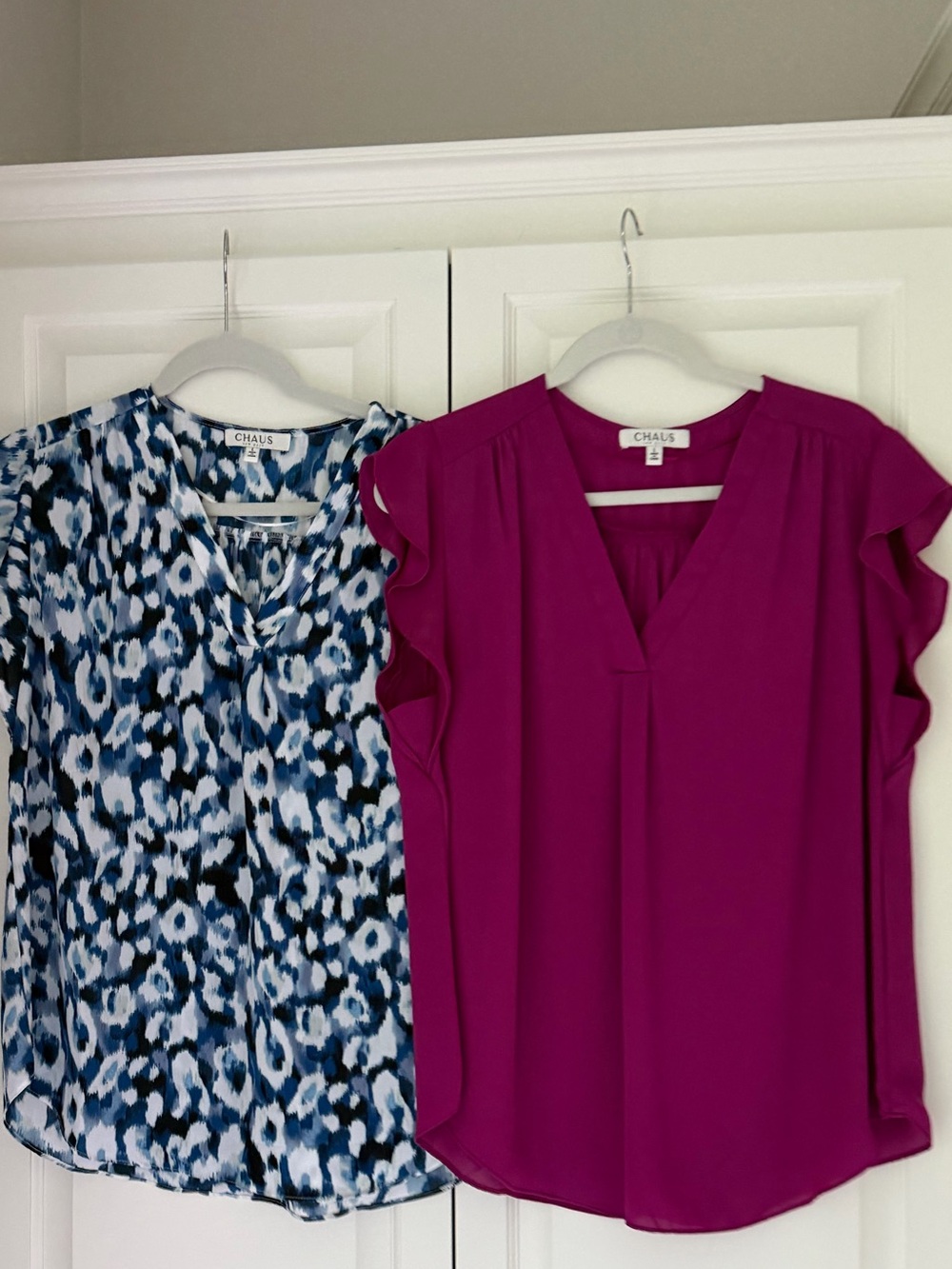 Lot of Two 2️⃣ Chaus Women’s Magenta and Blue White Flutter Sleeve Blouse